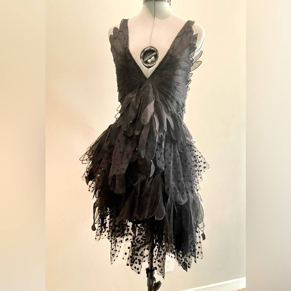 Zimmermann BlackSwan fluted tulle mini dress, feathers, deep plunge, EUC, 0(0-5) - Picture 3 of 16